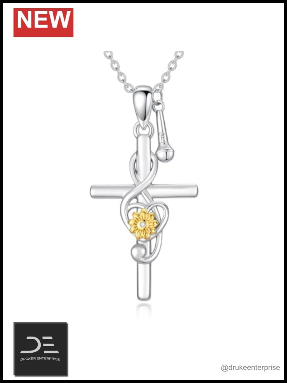 Sterling Silver Music Note Necklace Cross Microphone Pendant 18+2" Chain
